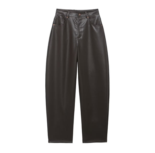 Damen Hochtaillierte Kunstlederhose mit weiter tapered Passform Nord Taschen