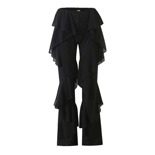 Damen Rüschenhose mit Spitze, ausgestelltem Schlag und mehrlagigen Chiffon-Volants Nord Taschen