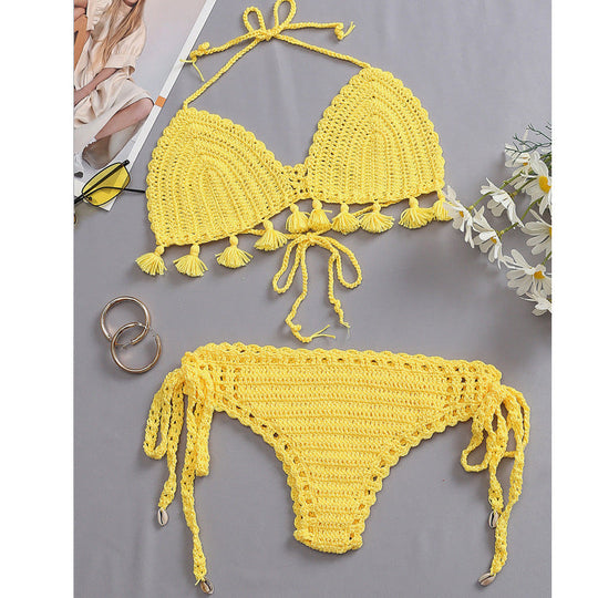 Damen Häkel-Bikini-Set mit fransigen Akzenten und verstellbaren Trägern