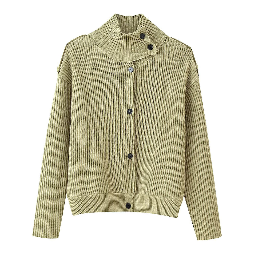 Damen Strukturstrick-Cardigan mit Stehkragen, Knopfleiste und Schulterpatten Nord Taschen