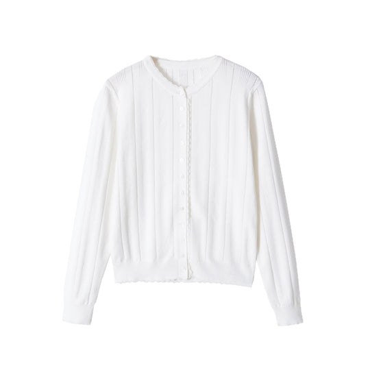 Damen Cropped Feinstrick-Cardigan mit Lochstreifen, Rundhals und Zierknopfleiste Nord Taschen