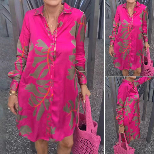 Damen nan kurzes Tunika-Hemdkleid in Satinoptik mit großflächigem Blattprint, Hemdkragen und lockerer A-Linie Nord Taschen