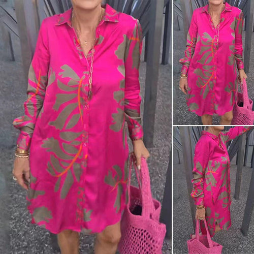 Damen nan kurzes Tunika-Hemdkleid in Satinoptik mit großflächigem Blattprint, Hemdkragen und lockerer A-Linie Nord Taschen