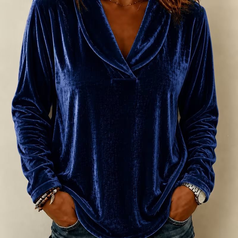 Damen Velours-Longsleeve mit tiefem Schalkragen und gerundetem Saum Nord Taschen