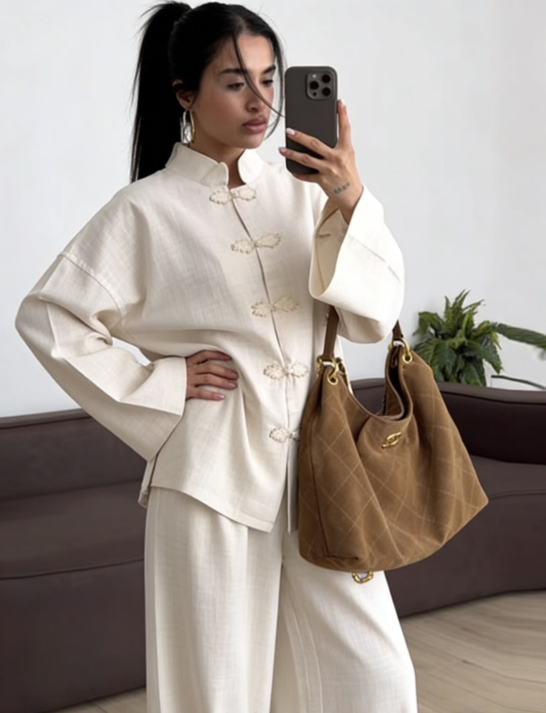 Damen Oversized Mandarinjacke mit Knotenverschlüssen und weitem Arm Nord Taschen