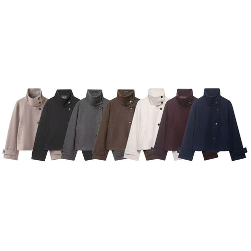 Damen Kurzer kastiger Wollmantel mit asymmetrischer Knopfleiste und Stehkragen Nord Taschen