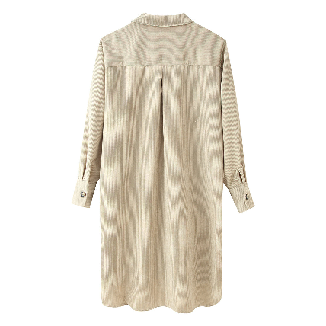 Damen Langes Hemdkleid aus Cord‑Ripp mit durchgehender Knopfleiste, Hemdkragen und abgerundetem Saum Nord Taschen