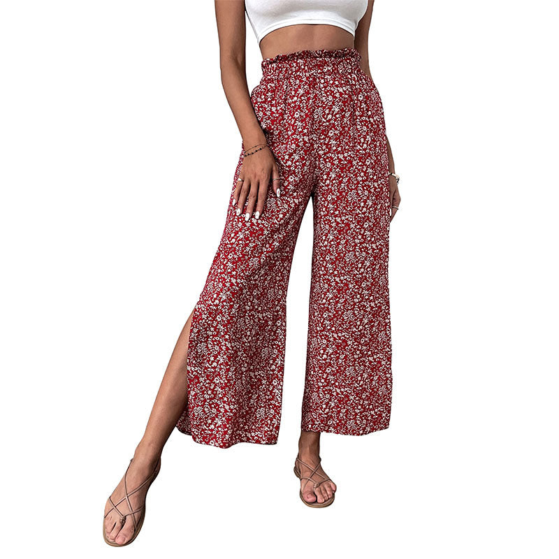 Damen Weite hochgeschnittene Palazzo‑Hose mit floralem Muster und seitlichem Beinschlitz Nord Taschen