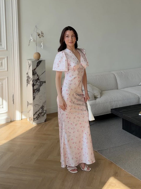 Damen Maxikleid mit floraler Satinoptik, taillierter Silhouette und kurzen Puffärmeln Nord Taschen