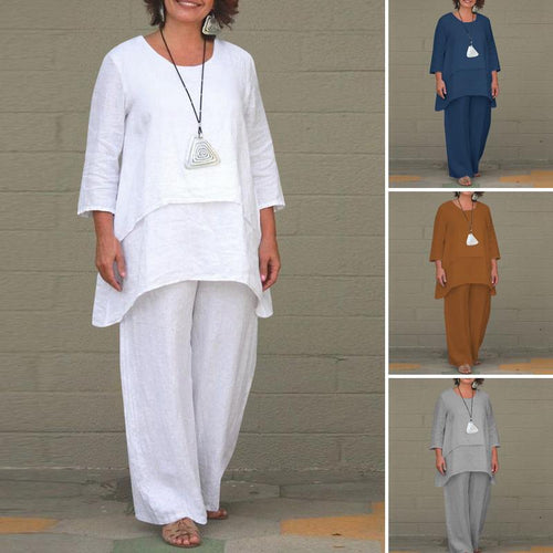 Damen Lässiges Zweiteiliges Leinen-Set mit Oversize-Tunika und weiter Palazzo-Hose Nord Taschen