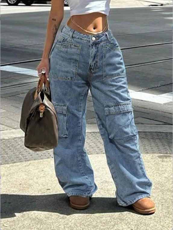 Damen Cargo-Jeanshose im weiten Baggy‑Cut mit hoher Taille und Utility‑Taschen Nord Taschen