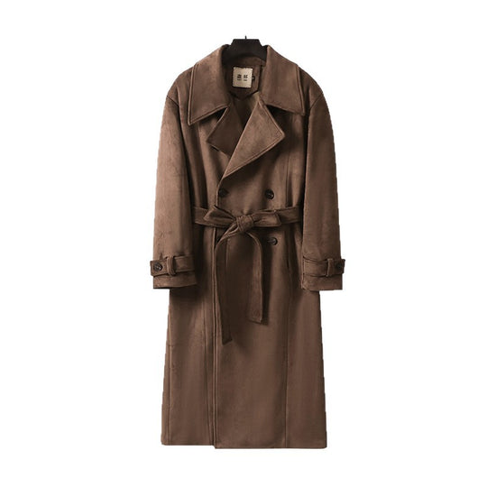 Herren Maxilanger Velours-Mantel im Trench-Look mit breitem Revers und Bindegürtel Nord Taschen