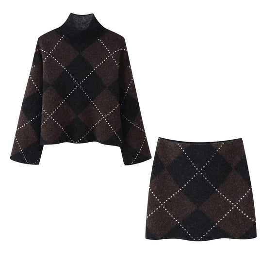 Damen Strick‑Set aus Rollkragen‑Poncho und Minirock mit Argyle‑Muster Nord Taschen