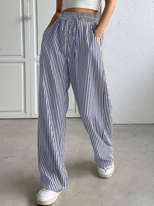 Damen Marlene-Streifenhose aus Leinenmix mit weitem Bein, Elastikbund und Kordelzug Nord Taschen