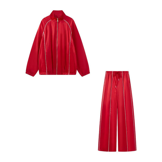 Damen Zweiteiliges Satin-Trainingsset mit Reißverschlussjacke und weitem Trackpant Nord Taschen