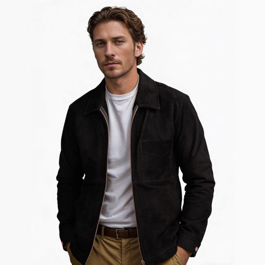 Herren Velourslederjacke mit Reißverschluss und Hemdkragen Nord Taschen