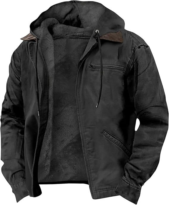 Herren Gefütterte Kapuzen-Lederjacke mit Teddyfutter und Brustreißverschlusstasche Nord Taschen