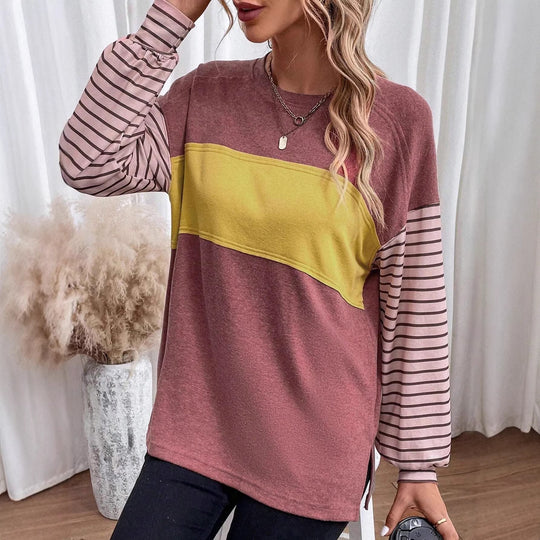 Damen Lockeres Colorblock-Sweatshirt mit gestreiften Ärmeln und Rundhalsausschnitt Nord Taschen