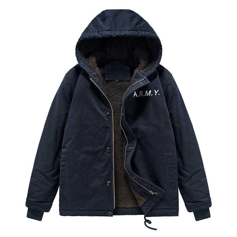 Herren wattierte Kapuzenjacke im Canvas‑Look mit Sherpa‑Futter und Militärprint Nord Taschen