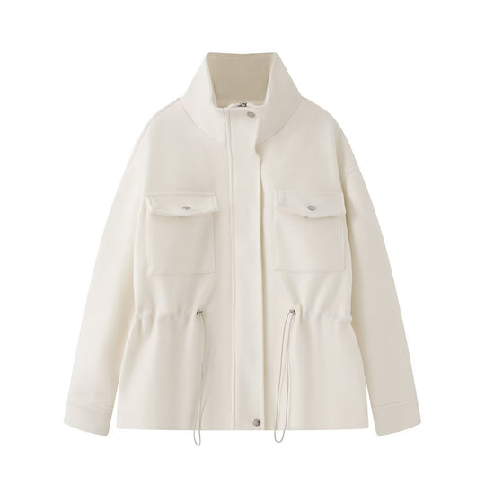 Damen Wollmix-Fieldjacke mit Stehkragen, aufgesetzten Brusttaschen und Kordelzug-Taille Nord Taschen