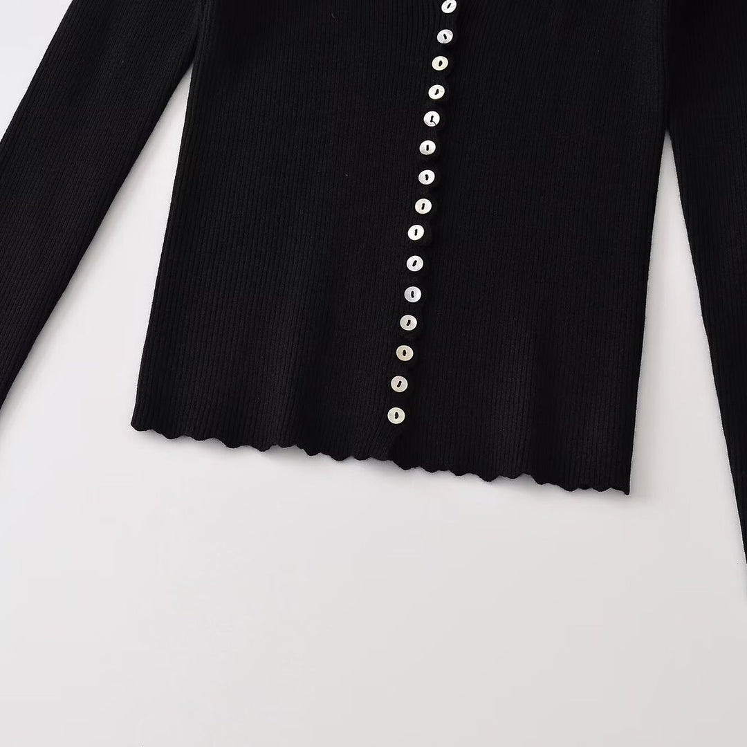 Damen Gerippter Knopfcardigan mit tiefem V-Ausschnitt und Wellensaum Nord Taschen