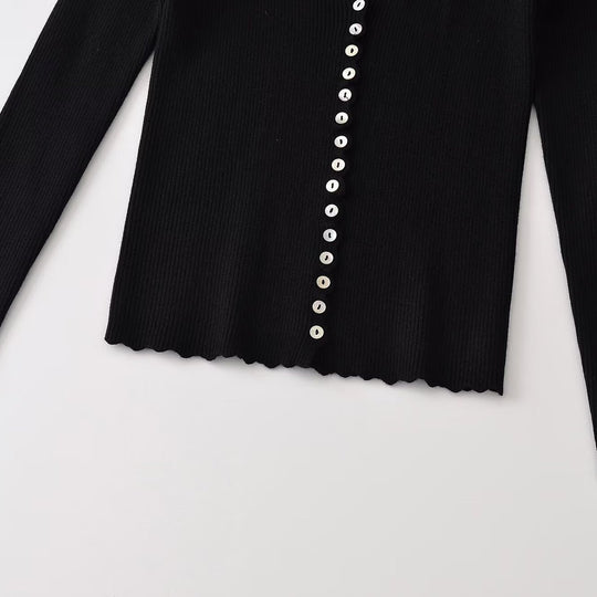 Damen Gerippter Knopfcardigan mit tiefem V-Ausschnitt und Wellensaum Nord Taschen