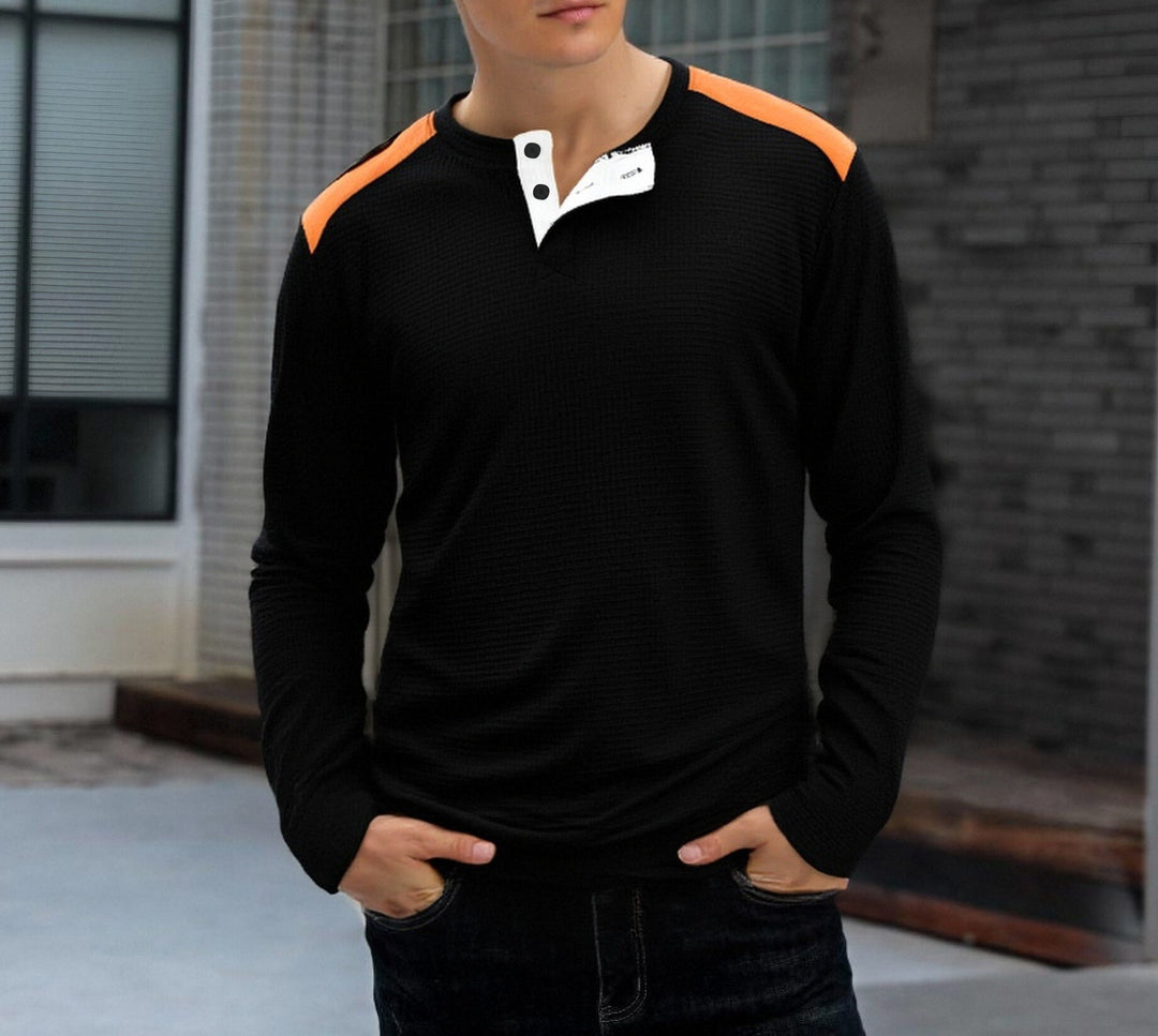 Herren strukturiertes Henley-Langarmshirt mit Stehkragen, Schulterpaspel und Waffelstruktur Nord Taschen