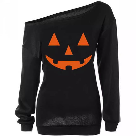 Damen Oversize Off-Shoulder Strickpullover mit Halloween-Kürbismotiv Nord Taschen