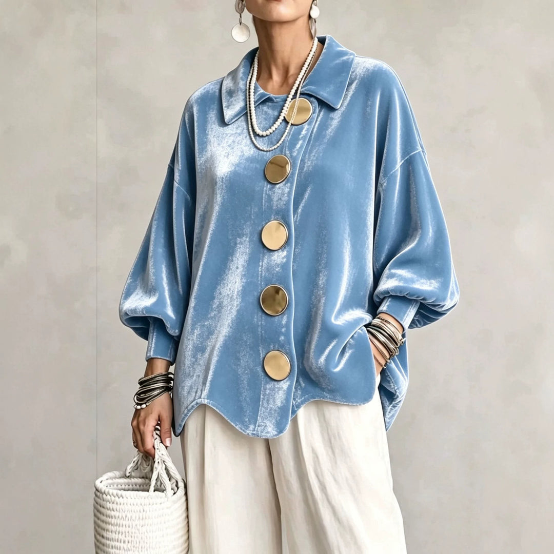 Damen Oversized Samtjacke mit großen Zierknöpfen und Balloon-Ärmeln Nord Taschen