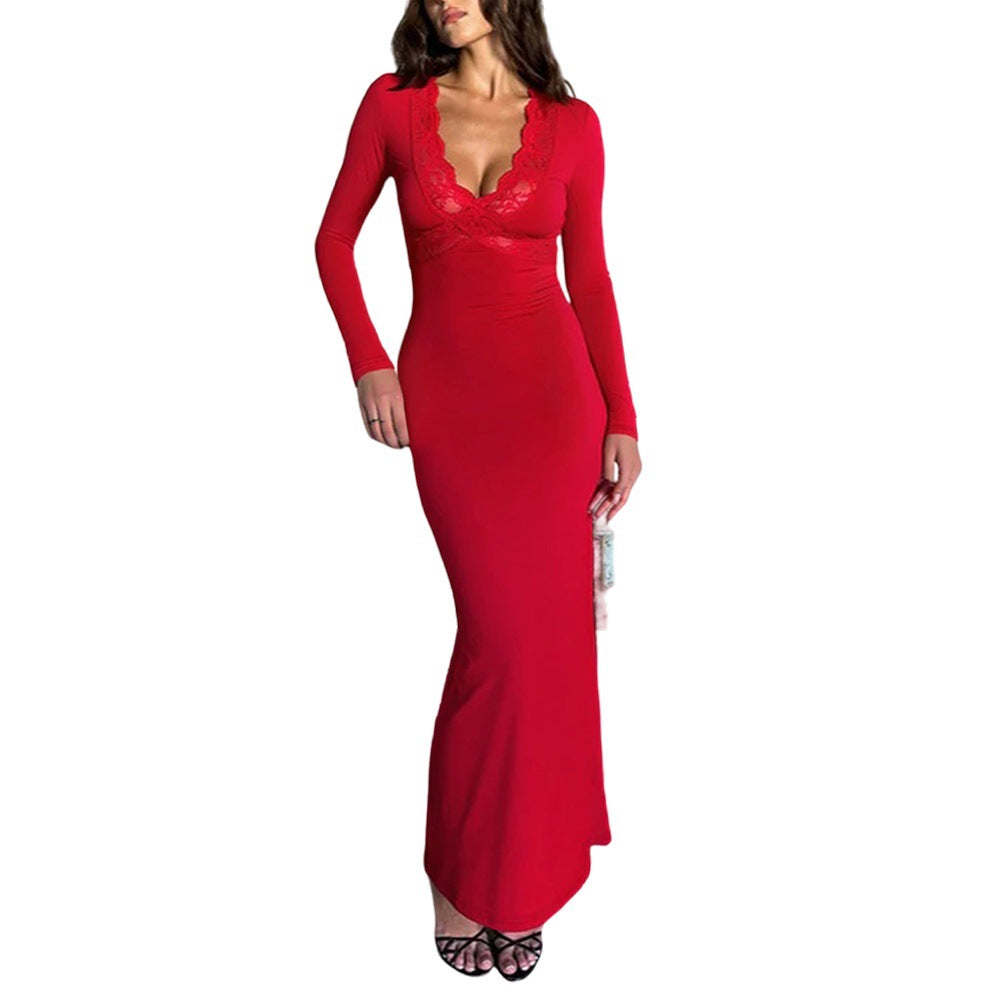 Damen figurbetontes Maxikleid mit Spitzen-Bustier tiefem V-Ausschnitt und taillierter Empire-Naht Nord Taschen