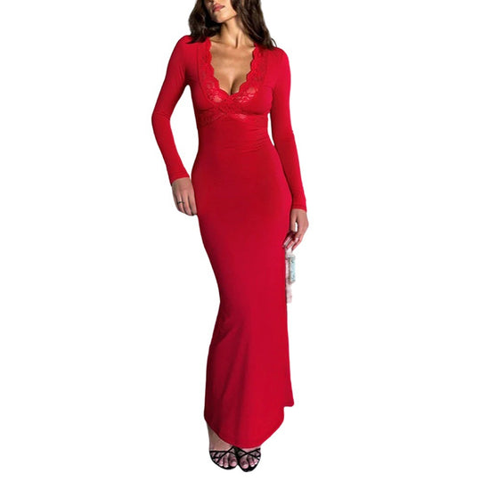 Damen figurbetontes Maxikleid mit Spitzen-Bustier tiefem V-Ausschnitt und taillierter Empire-Naht Nord Taschen