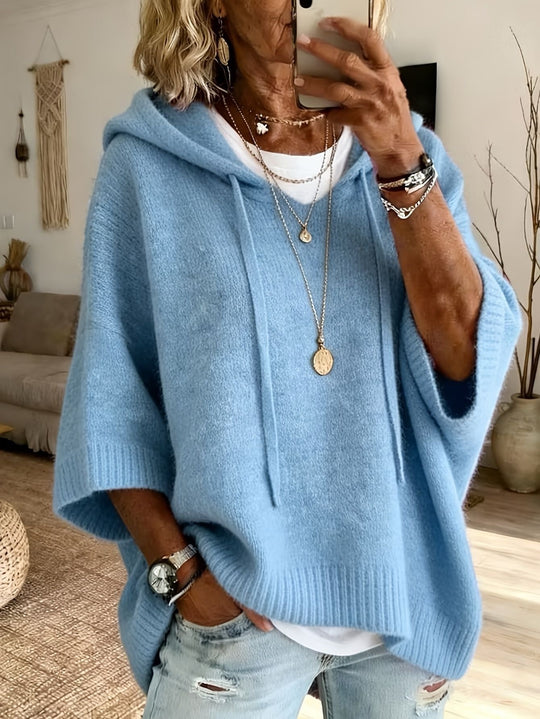 Damen Oversize Strick-Poncho mit Kapuze, Fledermausärmeln und Seitenschlitzen Nord Taschen