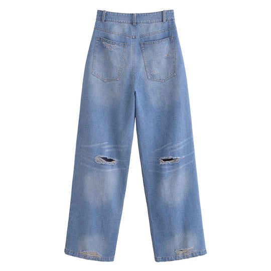 Damen High-Waist-Jeanshose mit weitem Bein, geradem Saum und dezenter Used‑Optik Nord Taschen