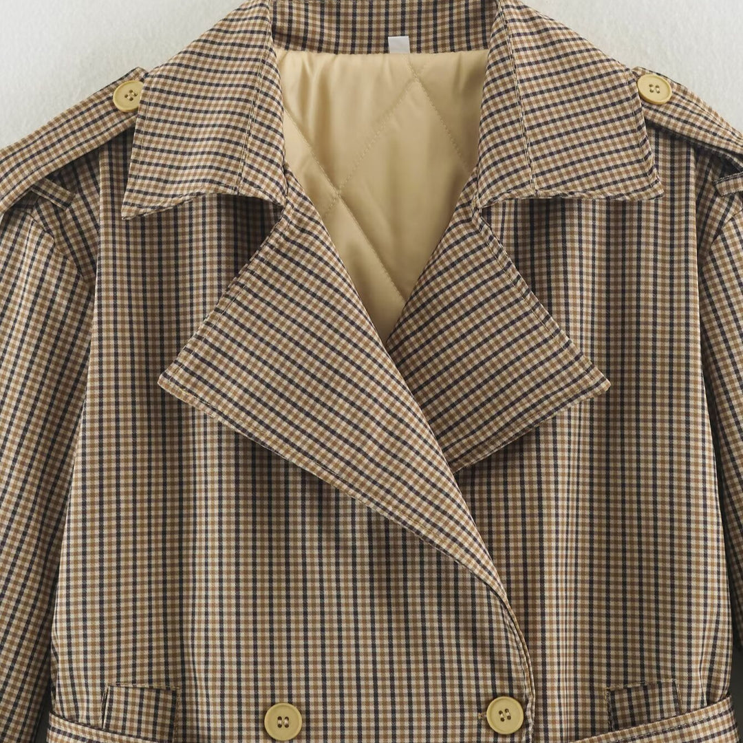 Damen Kurztrenchjacke im Karo-Look mit Taillengurt, Schulterriegeln und gesteppter Innenfütterung Nord Taschen