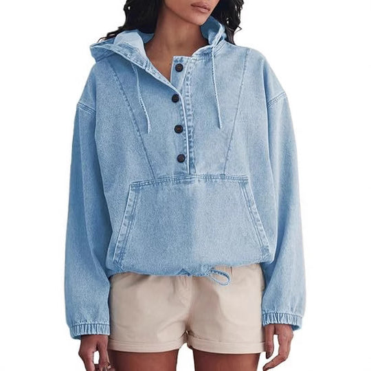 Damen Jeans-Halbanorak mit Kapuze, Kängurutasche und Tunnelzug Nord Taschen