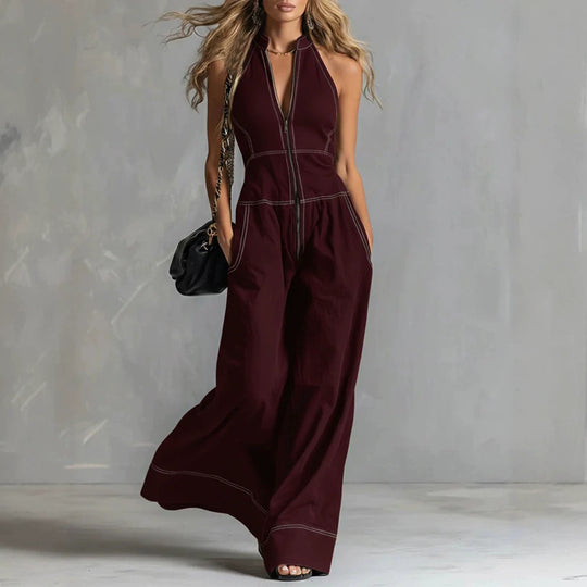 Damen Ärmelloser Halter-Jumpsuit mit Reißverschluss, weitem Bein und Eingrifftaschen Nord Taschen
