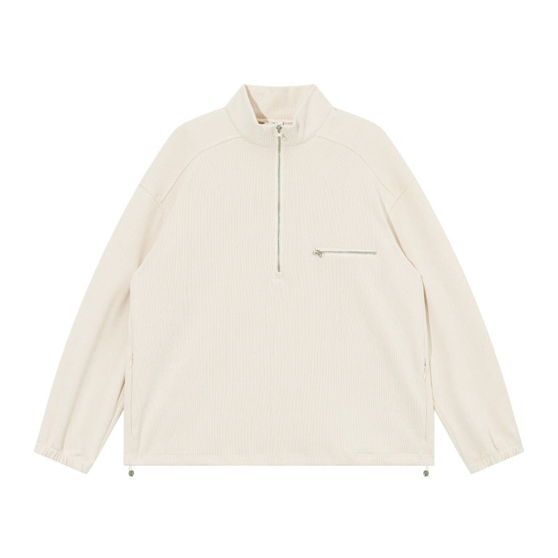 Unisex Oversize Halbzip-Pullover aus Cord‑Mix mit Brust-Reißverschlusstasche und Kordelzugsaum Nord Taschen