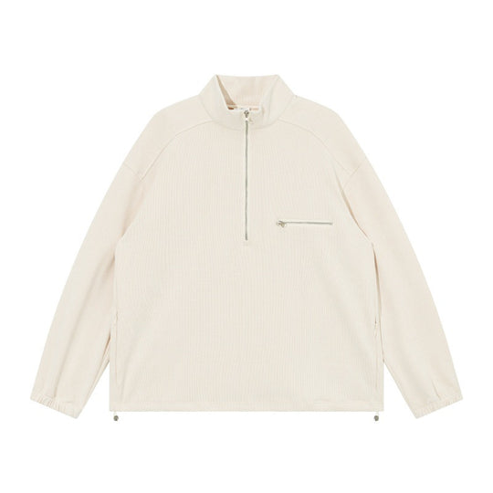 Unisex Oversize Halbzip-Pullover aus Cord‑Mix mit Brust-Reißverschlusstasche und Kordelzugsaum Nord Taschen