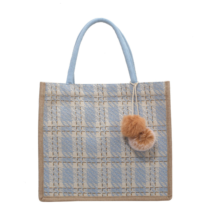 Damen Jute-Tasche mit stilvollem Karomuster und dekorativen Pompons Nord Taschen