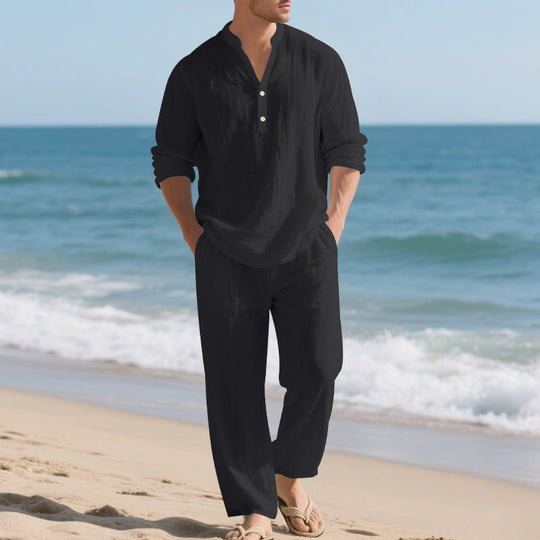Herren komfortables Homewear-Set mit eleganter Knopfleiste und langen Hosen