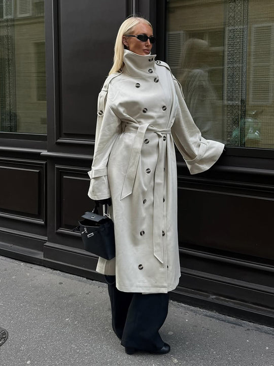 Damen Langer Trenchcoat mit hohem Stehkragen, doppelreihiger Knopfleiste und weiten Manschetten Nord Taschen