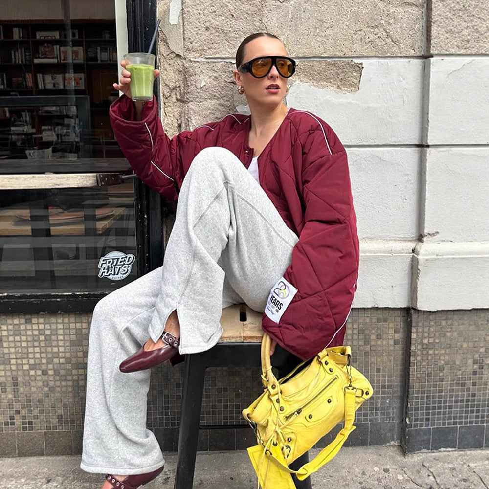 Damen Oversize-Steppjacke mit Diamantstepp, kontrastierender Paspel und Druckknopfverschluss Nord Taschen