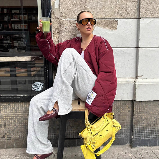 Damen Oversize-Steppjacke mit Diamantstepp, kontrastierender Paspel und Druckknopfverschluss Nord Taschen