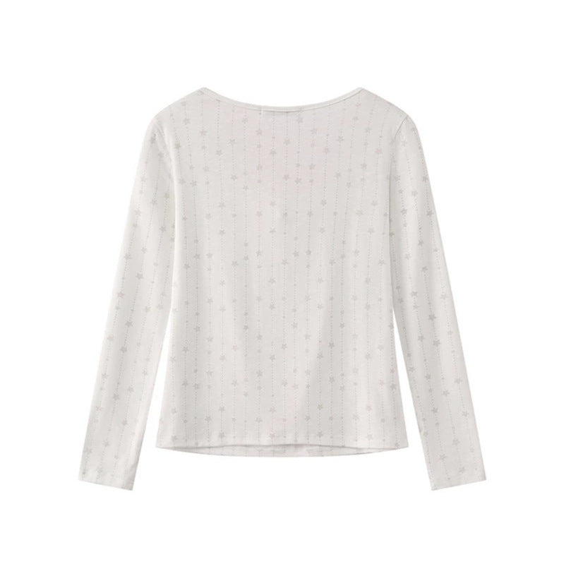 Damen Langarmshirt mit Schnürung am Ausschnitt, feinem Sternen-Jacquard und Herz-Emblem Nord Taschen