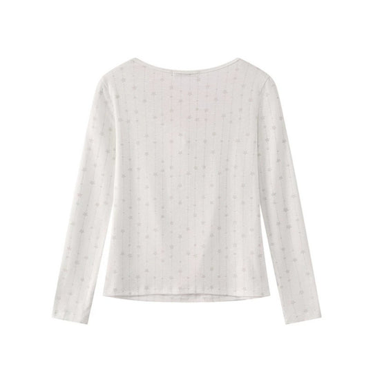 Damen Langarmshirt mit Schnürung am Ausschnitt, feinem Sternen-Jacquard und Herz-Emblem Nord Taschen