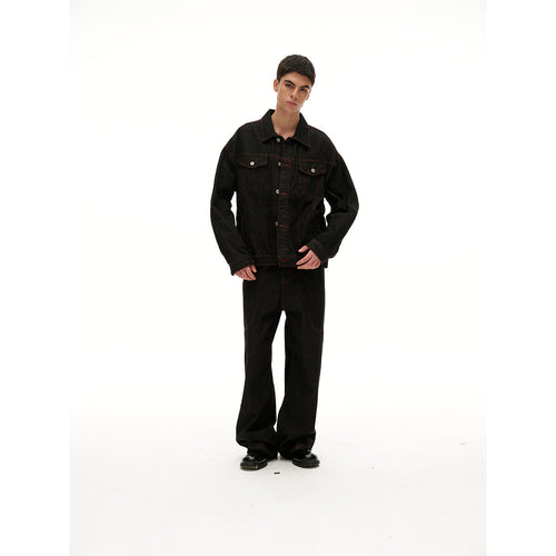 Herren Boxy‑Denimjacke mit roten Kontrastnähten und Metallknöpfen Nord Taschen