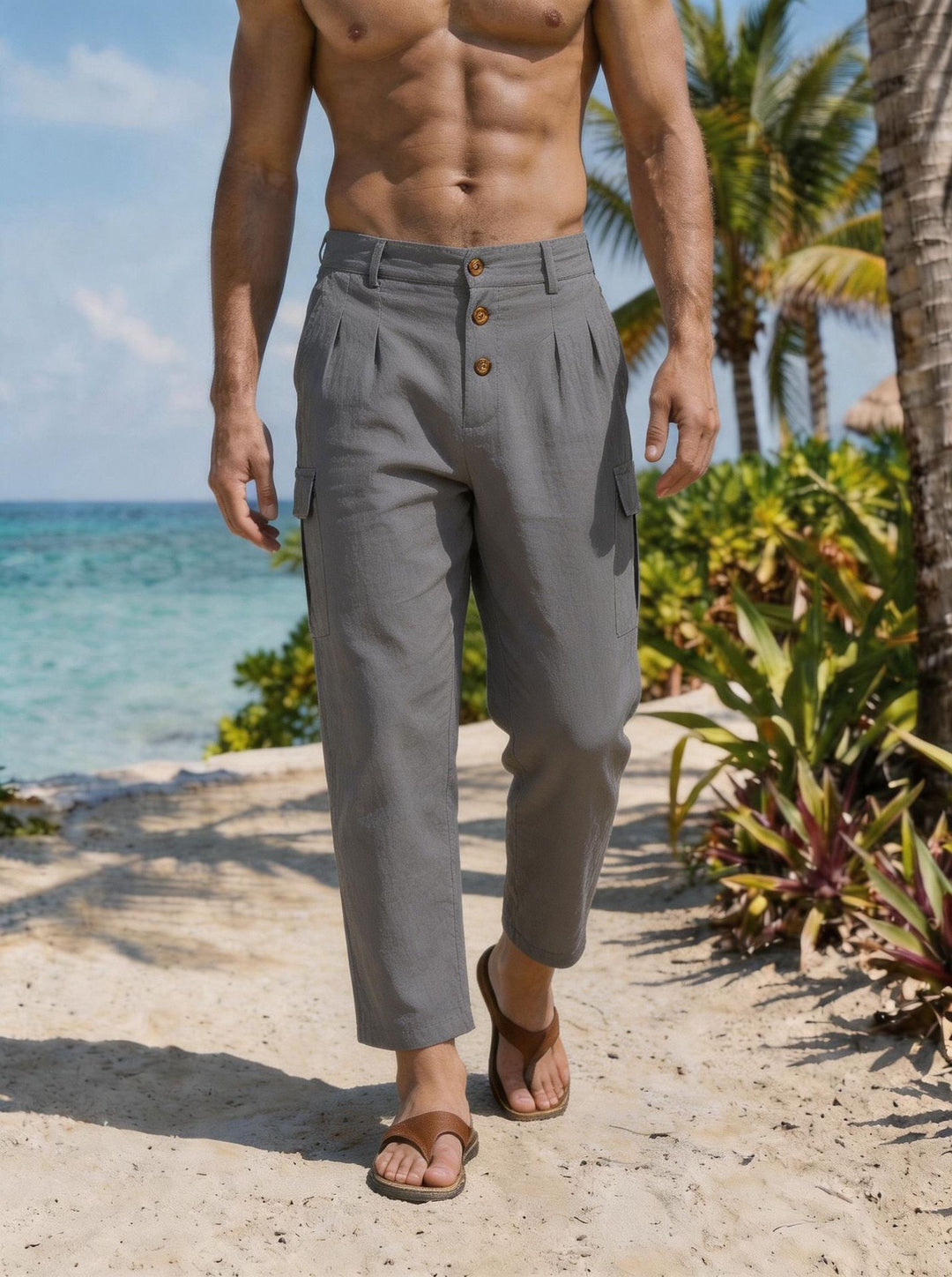 Herren Bundfalten-Cargohose mit Knopfverschluss, aufgesetzten Cargotaschen und gekürztem Bein Nord Taschen