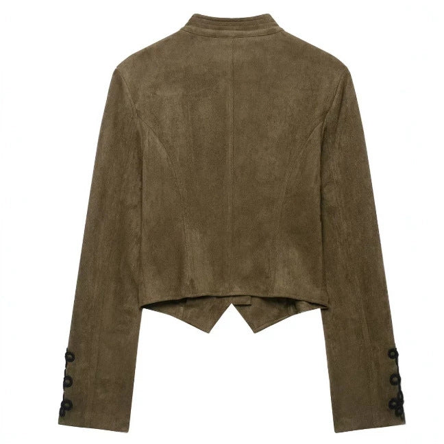 Damen Kurz geschnittene Wildlederjacke im Military‑Look mit Stehkragen und dekorativer Kordelfrosch‑Applikation Nord Taschen