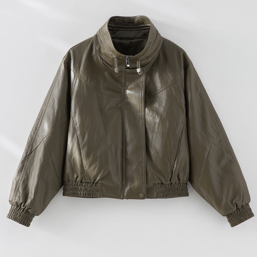Damen Oversized Lederimitat-Bomberjacke mit Stehkragen und elastischem Saum Nord Taschen