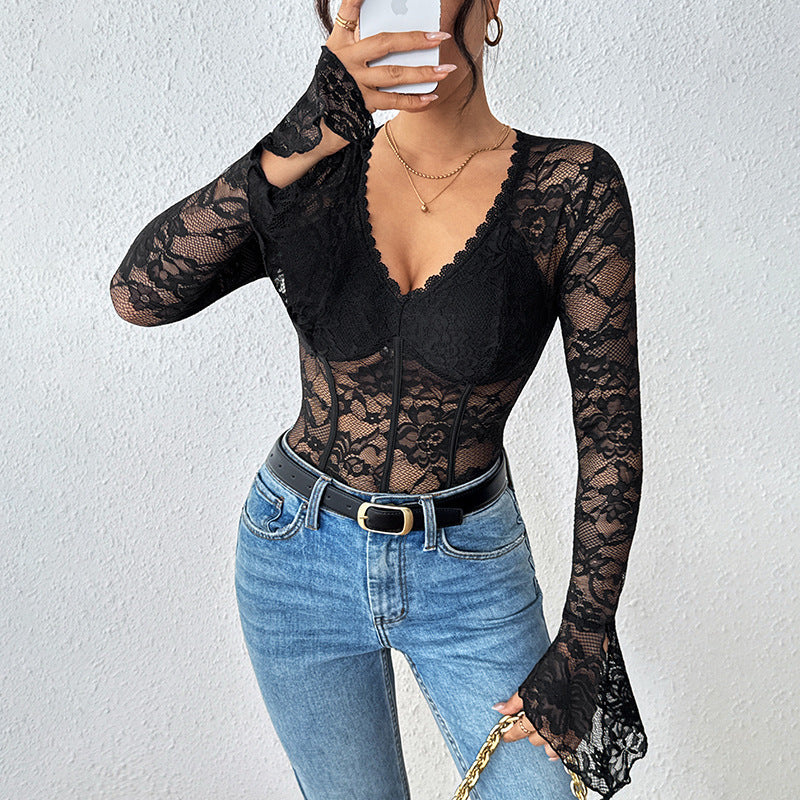Damen Taillierter Spitzen-Corset-Body mit V-Ausschnitt, langen Trompetenärmeln und formenden Bügeln Nord Taschen